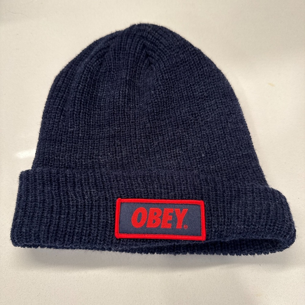 Vintage OBEY Beanie Hat Cap Knit Acrylic Spell Out Skull Skater OSFM Y2K Adult